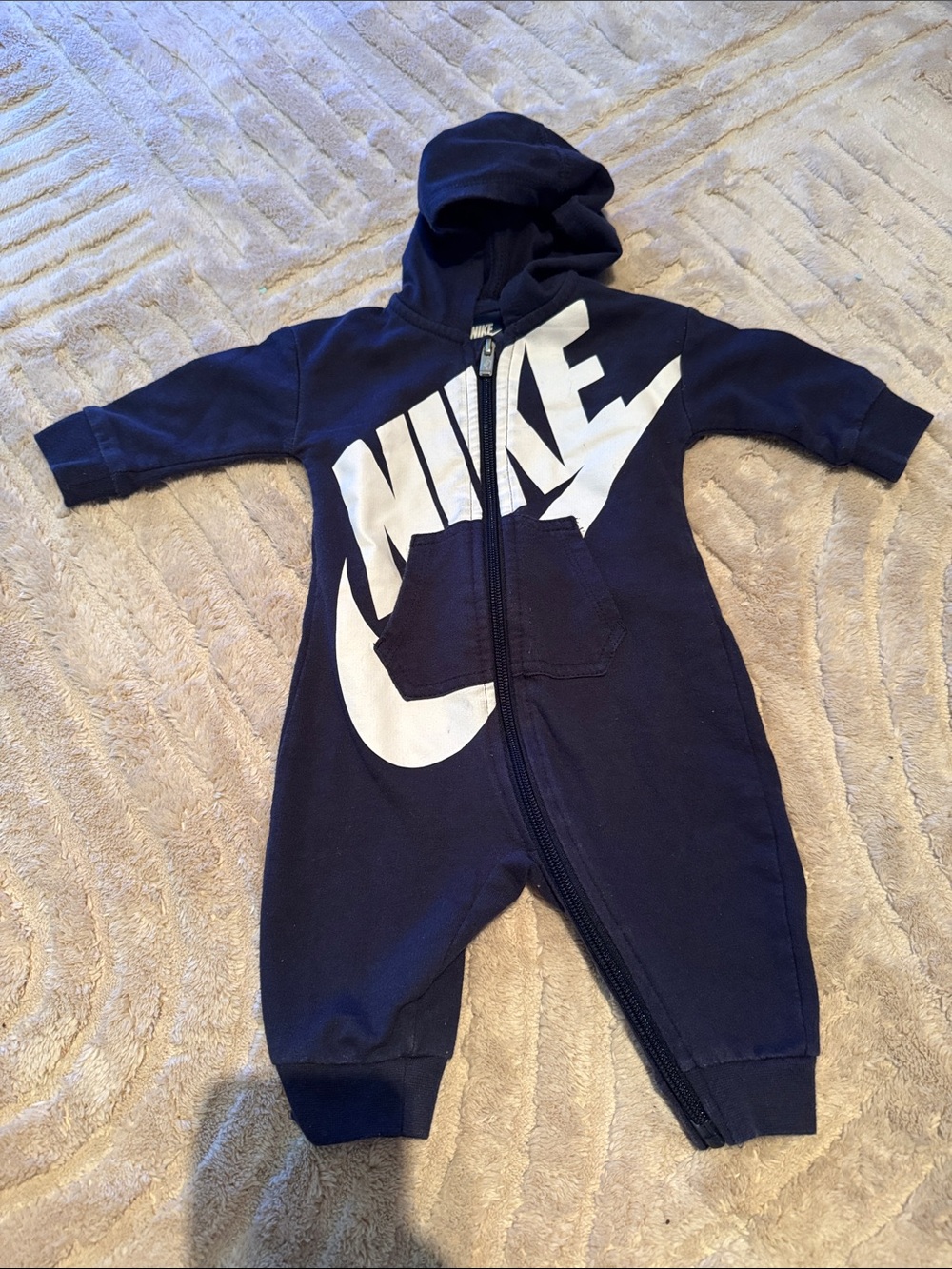 Nike Navy Blue Baby Zip-Up Hooded One-Piece with White Logo